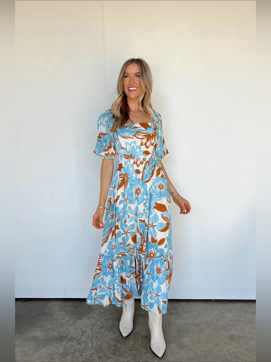 vestique Dresses & Skirts - Vestique Hawaiian Escape Maxi Dress Blue Burnt Orange S